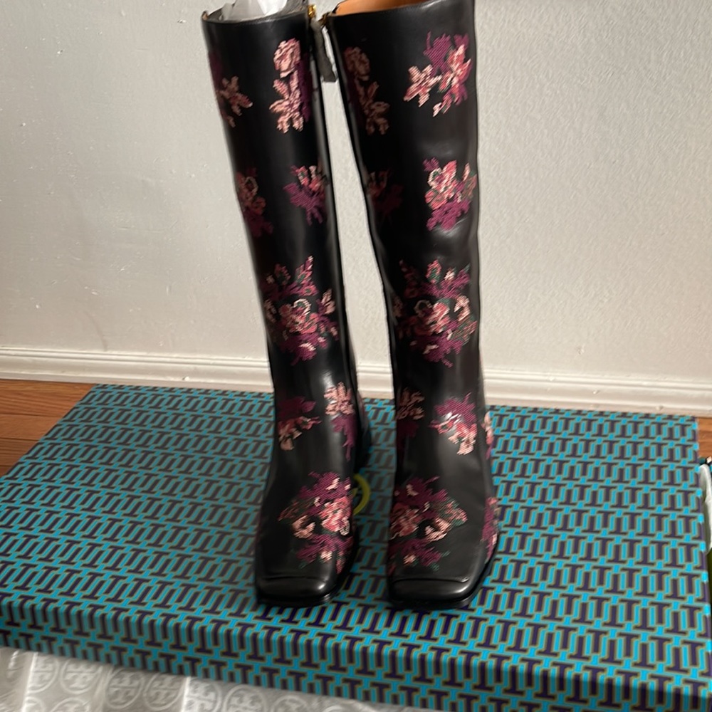 Tory Burch Square Toe 20MM Embroidered Black Leather Boots